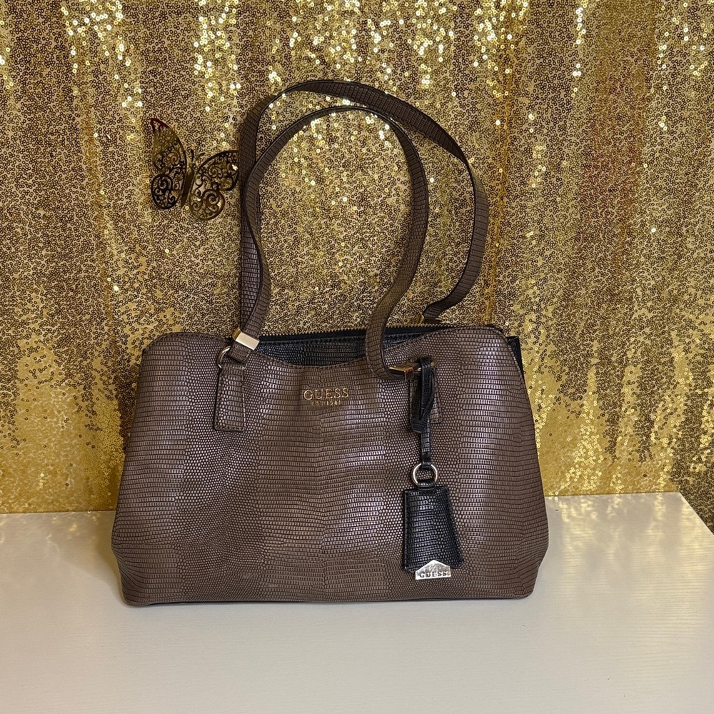 Guess Lyndi Large Girlfriend Textured Brown Satchel Bag